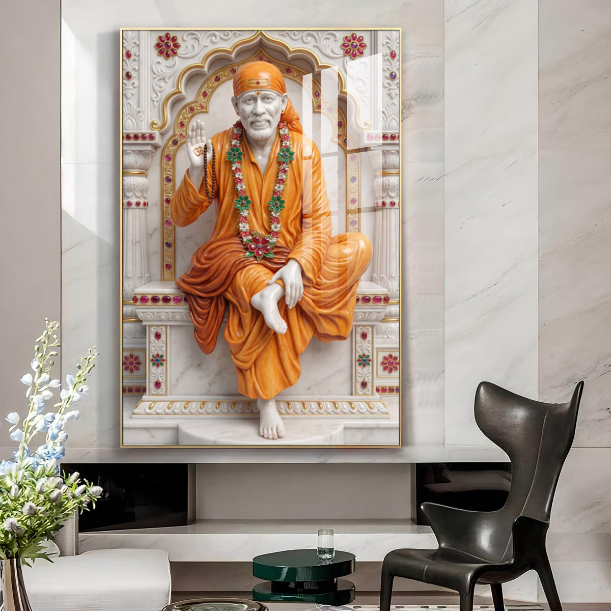 Divine Sai Baba Glass Finish Vertical Wall Art