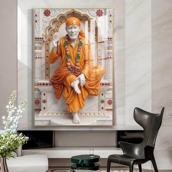 Divine Sai Baba Glass Finish Vertical Wall Art