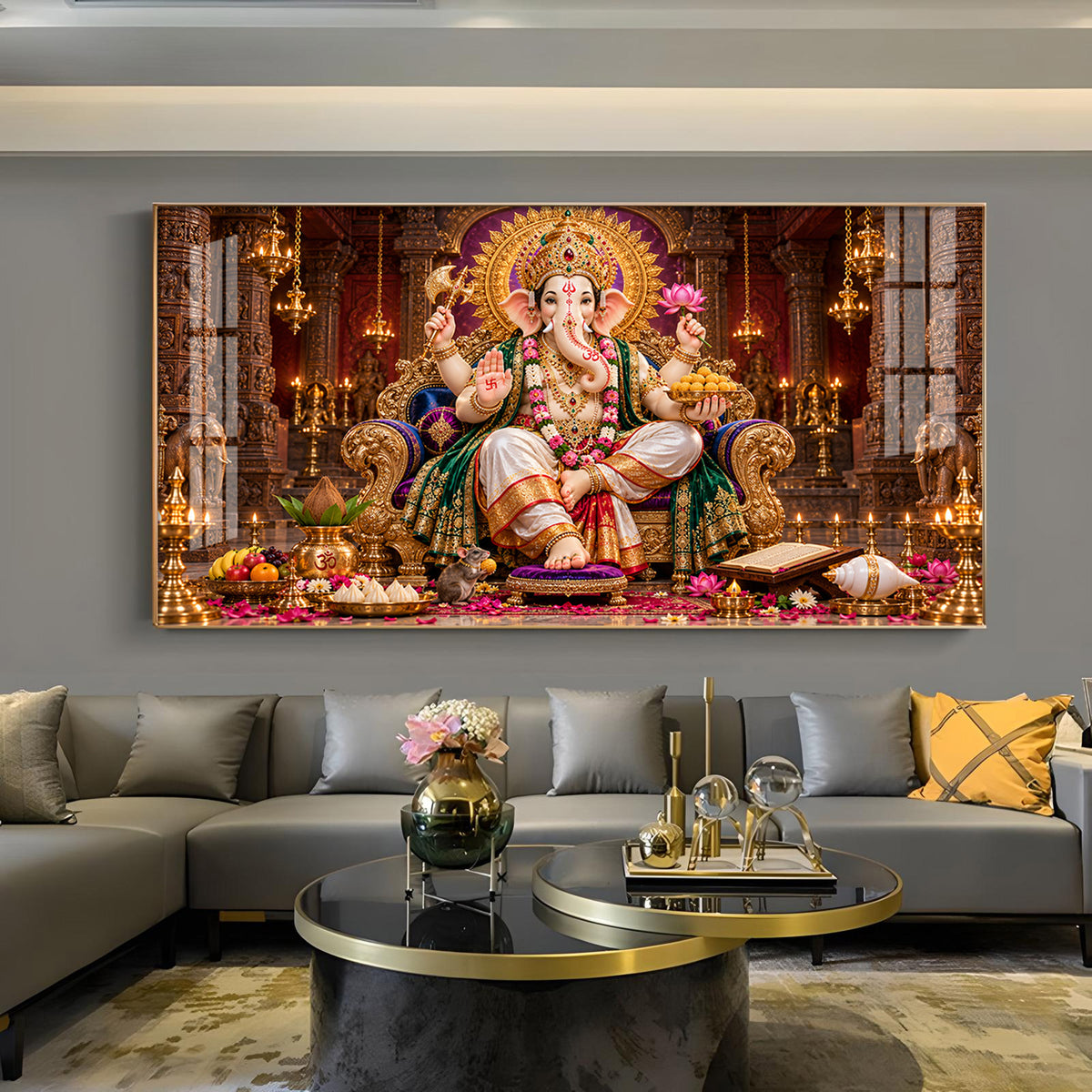 Lord Ganesha with Royal Lotus Glass Finish Horizontal Wall Art