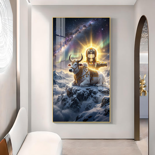 Mahadev With Nandi Glass Finish Vertical Wall Art