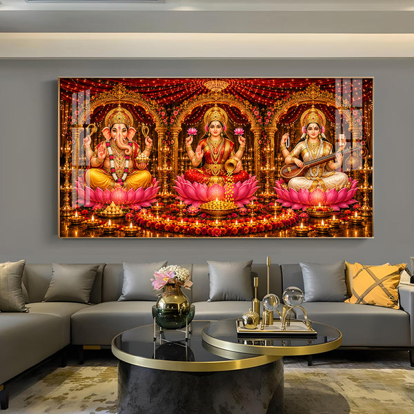 Goddess Maa Saraswati, Maa Laxmi & Ganesh Ji Glass Finish Horizontal Wall Art