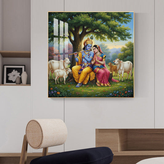 Radha Krishna With Cow Glass Finish Square Wall Art