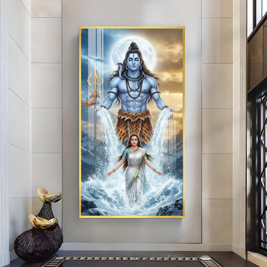 Shiv Parvati Glass Finish Vertical Wall Art