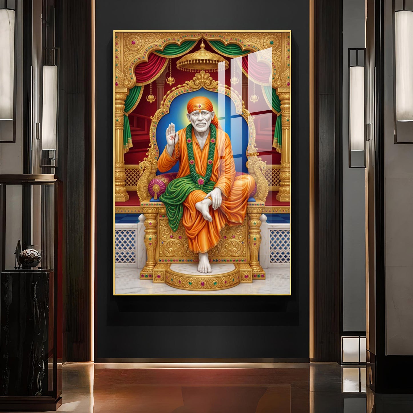Sai Baba Religious Glass Finish Vertical Wall Art