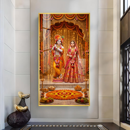 Decorative Radha Krishna Glass Finish Vertical Wall Art