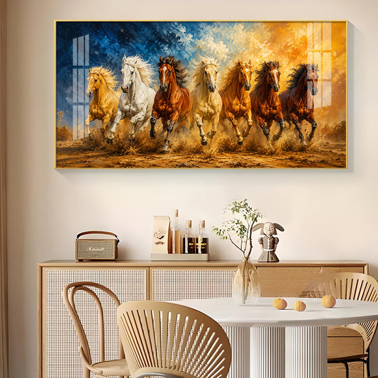 Seven Running Horses Glass Finish Horizontal Wall Art