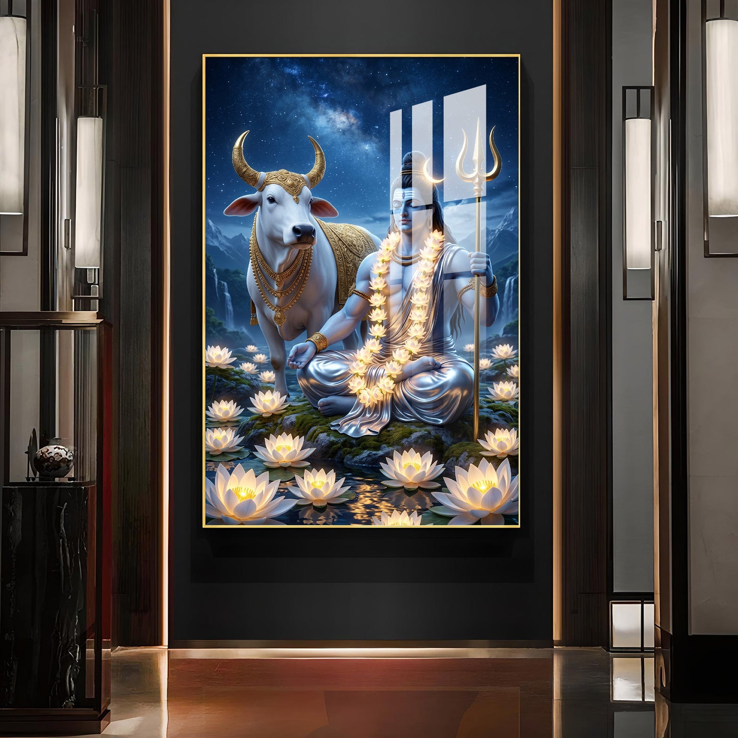 Lord Shiva Meditating Beside Nandi Glass Finish Vertical Wall Art
