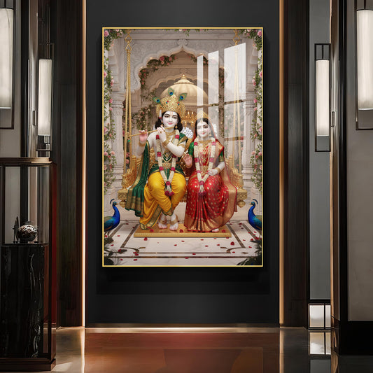 Hindu Deities Radha & Krishna Sitting Together Glass Finish Vertical Wall Art