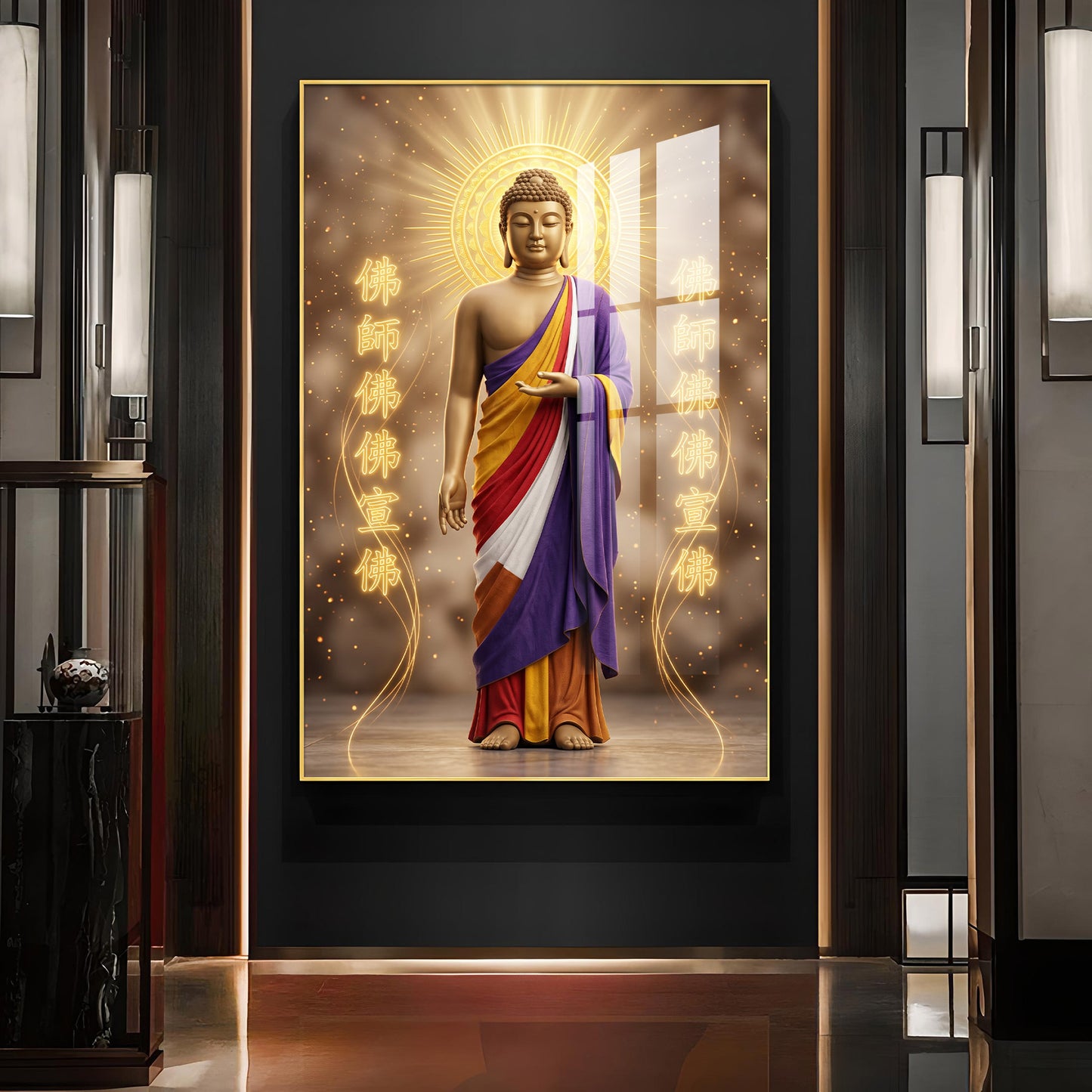 Depicting A Golden Buddha Glass Finish Vertical Wall Art