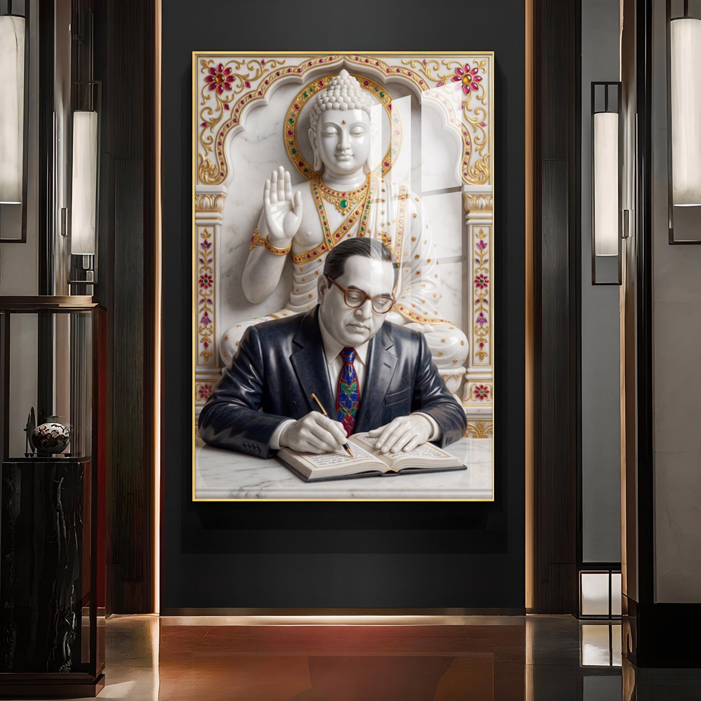 Dr. B.R. Ambedkar and Buddha Glass Finish Vertical Wall Art