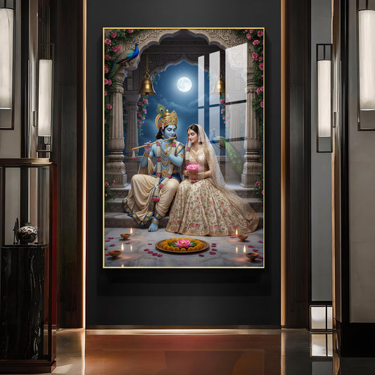 Hindu Deities Radha & Krishna Glass Finish Vertical Wall Art