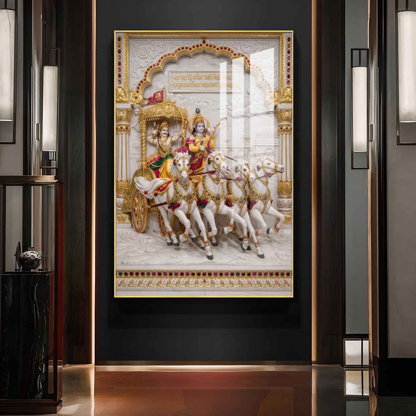 Krishna & Arjuna Chariot Glass Finish Vertical Wall Art