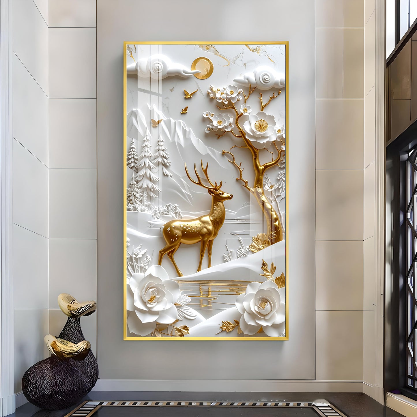 Floral Fawn Delight Glass Finish Vertical Wall Art