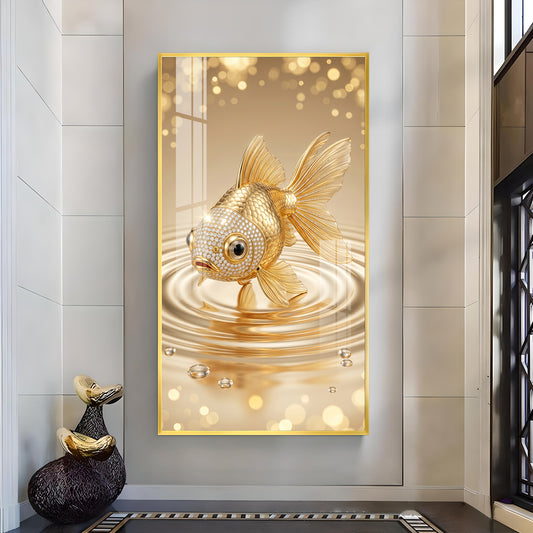 Lucky Golden Fish Glass Finish Vertical Wall Art