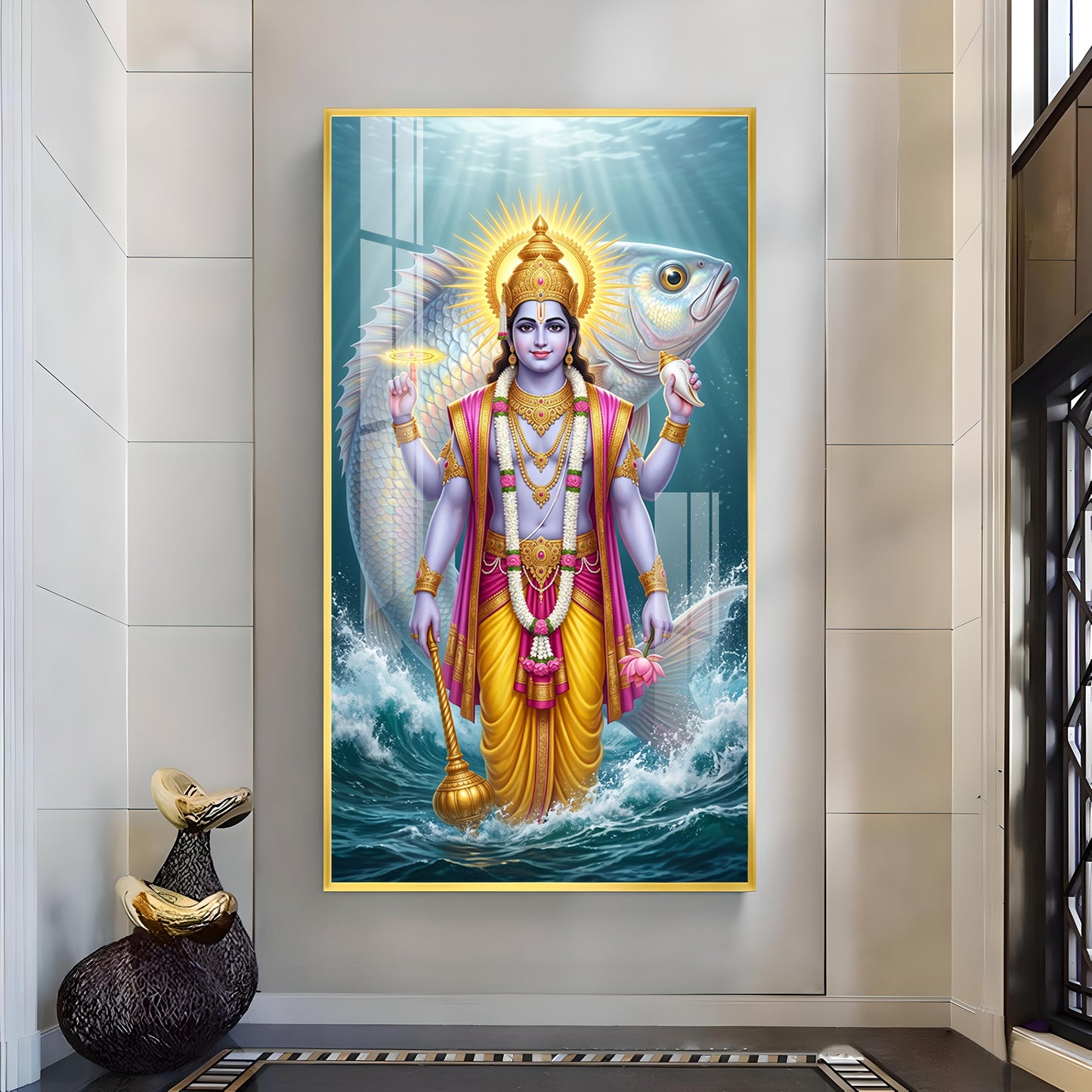 Lord Vishnu With Matsya Avatar Glass Finish Vertical Wall Art