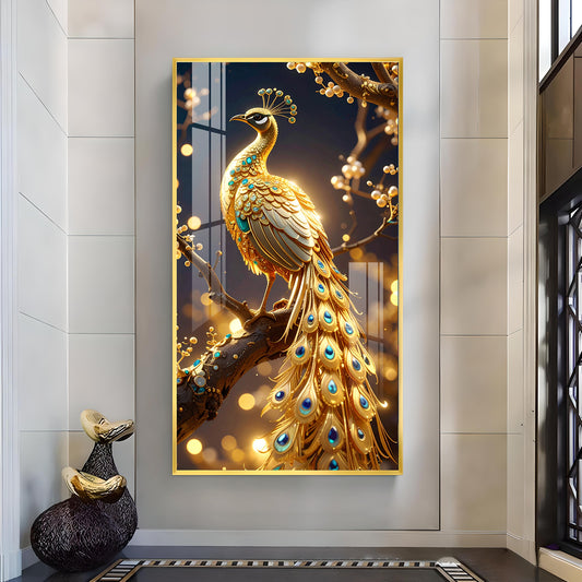 Celestial Golden Peacock Glass Finish Vertical Wall Art