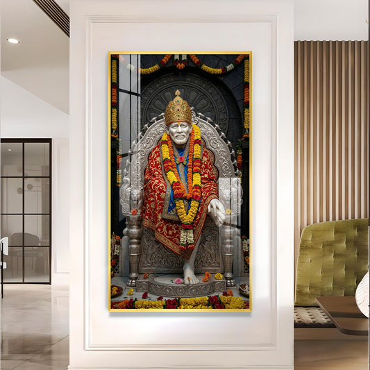 Sai Baba Blessings Glass Finish Vertical Wall Art