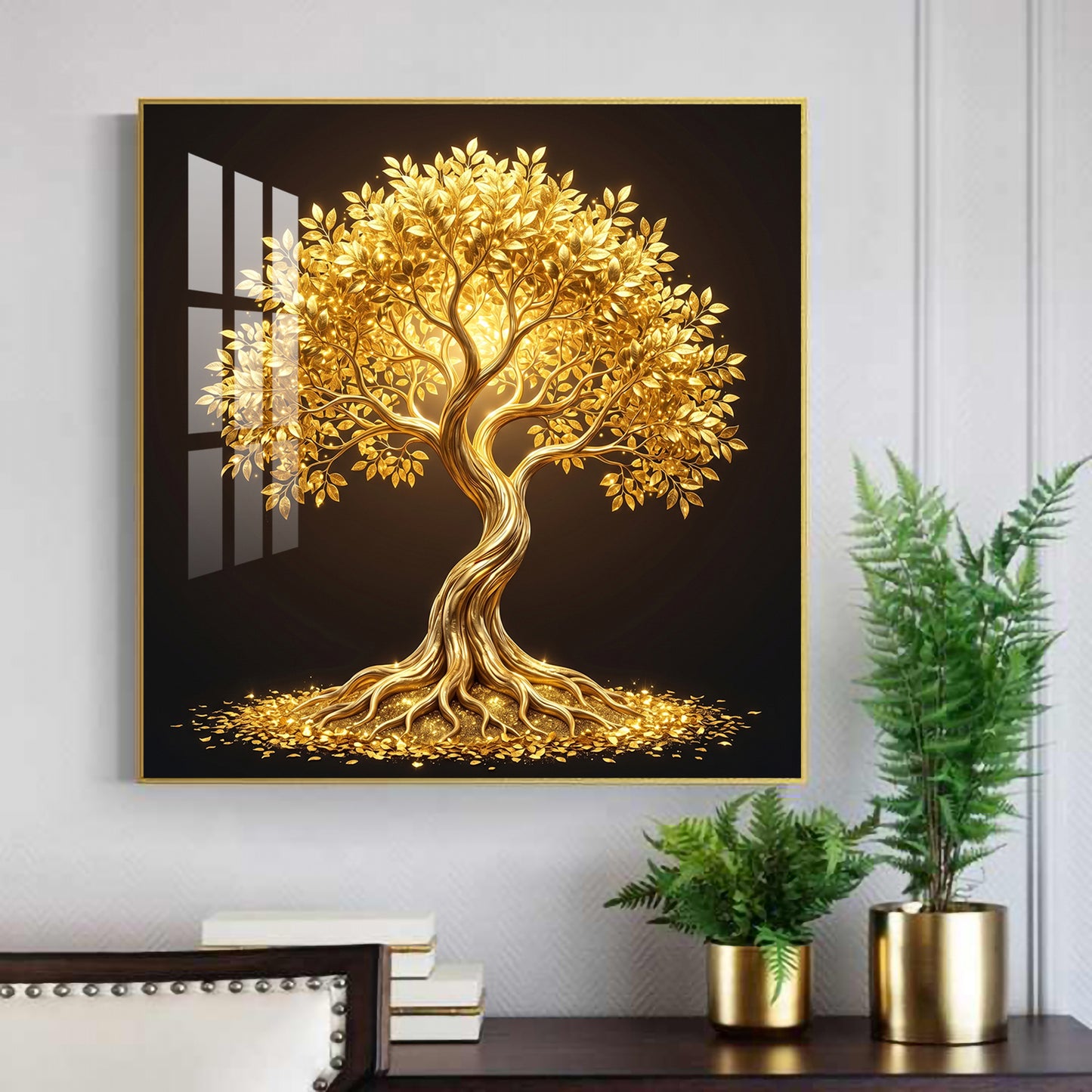 Golden Kalpavriksha Glass Finish Square Wall Art