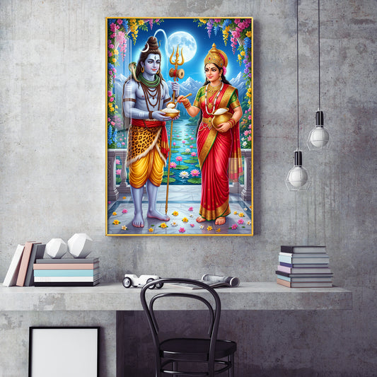 Annapurna Devi Offering Food To Lord Shiva Glass Finish Vertical Wall Art