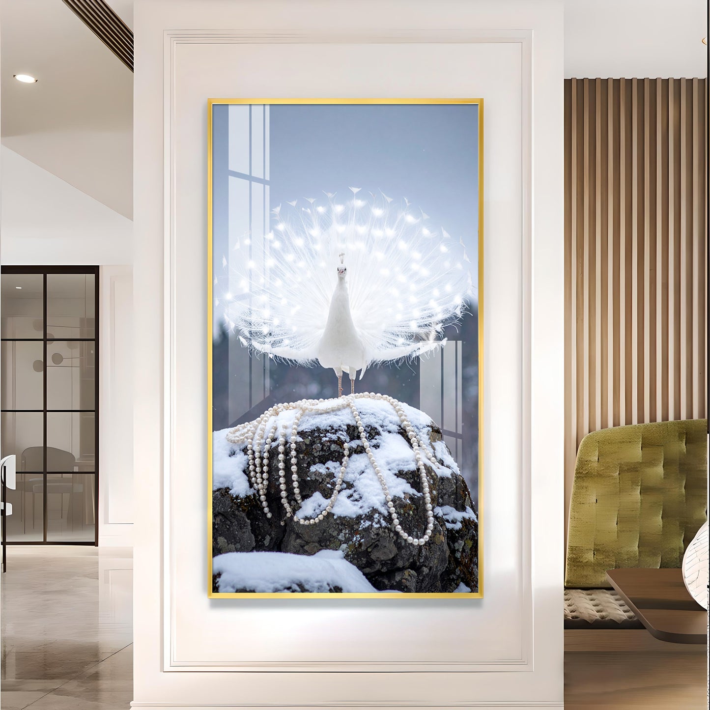 Dazzling Pearl Peacock Glass Finish Vertical Wall Art