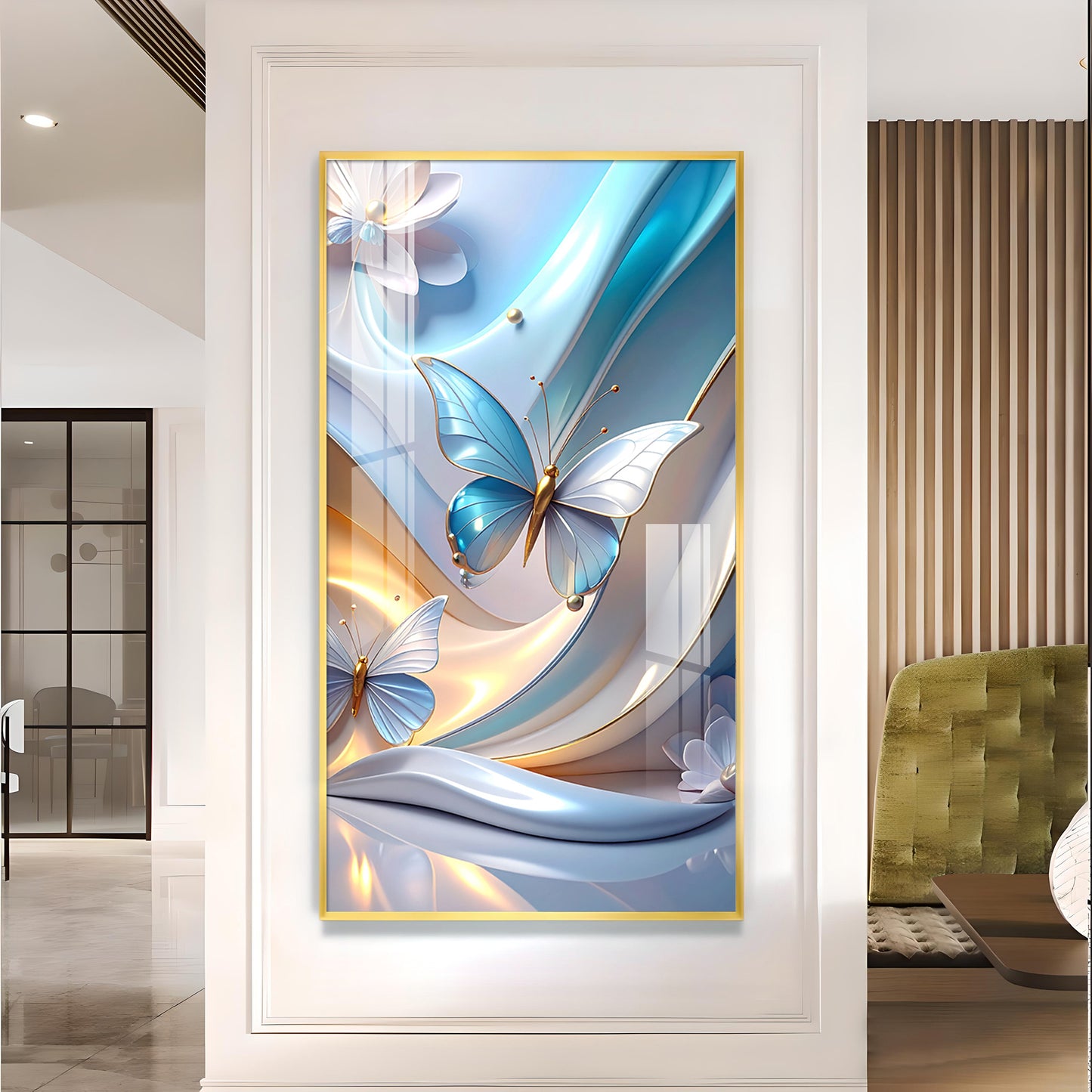 Enchanted Blue Flutter Glass Finish Vertical Wall Art