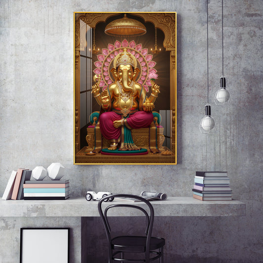 Lord Ganesha With Intricate Floral Glass Finish Vertical Wall Art