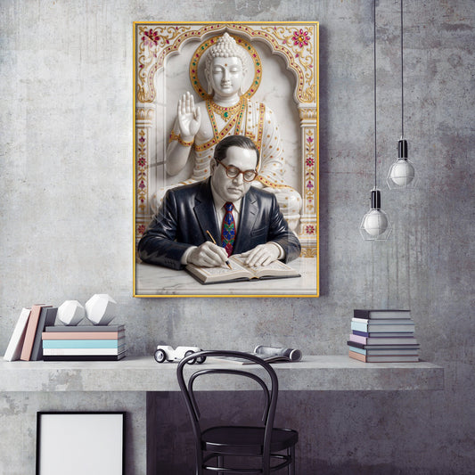 Dr. B.R. Ambedkar and Buddha Glass Finish Vertical Wall Art