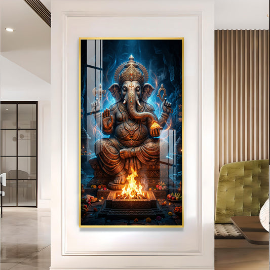 Divine Shree Ganesh Ji Glass Finish Vertical Wall Art