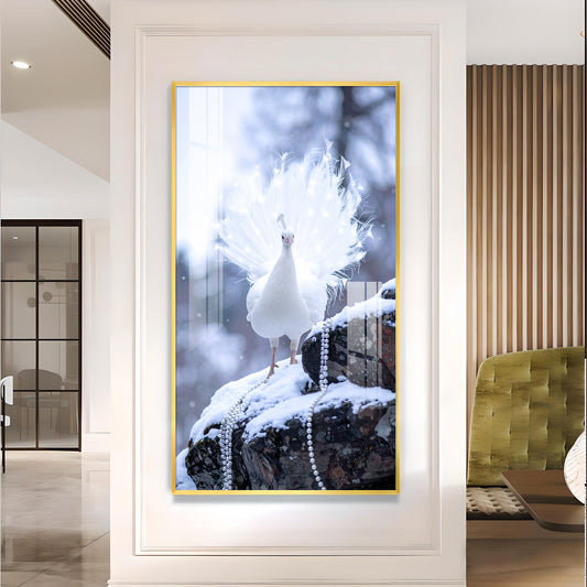 White Peacock Glass Finish Vertical Wall Art