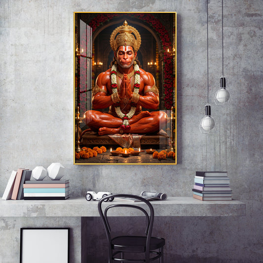 Lord Hanuman Glass Finish Vertical Wall Art