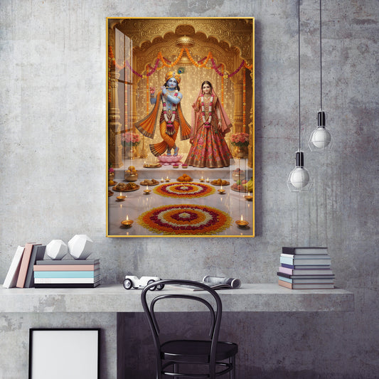 Spiritual Serenity Radha Love Krishna Glass Finish Vertical Wall Art