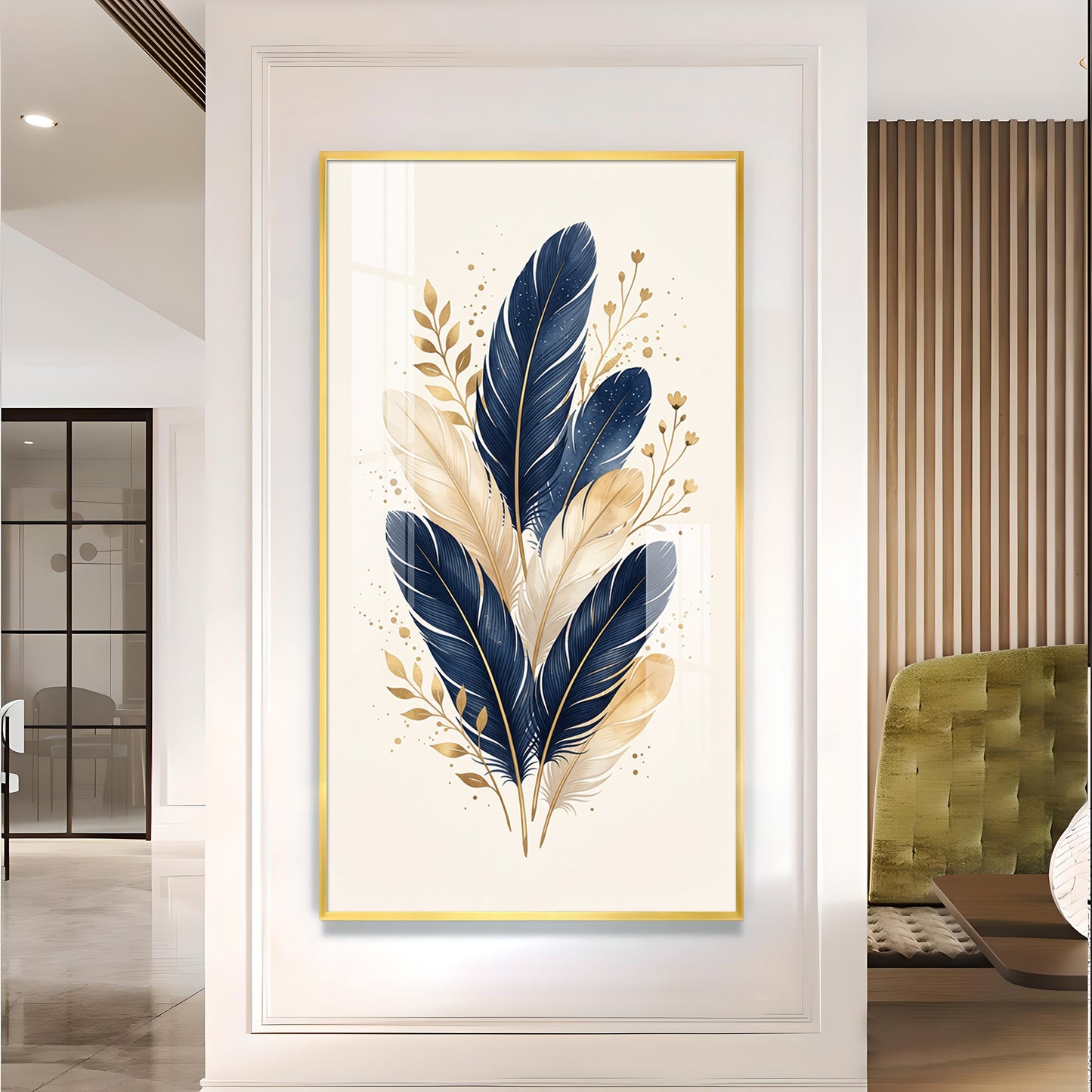 Blue & Metallic Gold Feathers Glass Finish Vertical Wall Art