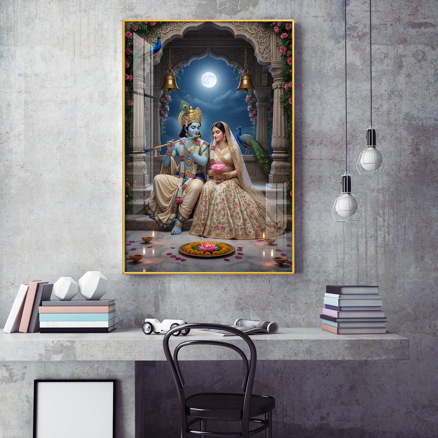 Hindu Deities Radha & Krishna Glass Finish Vertical Wall Art
