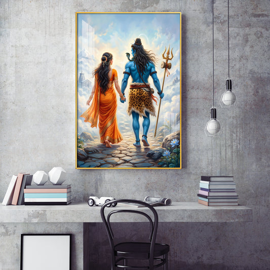 Divine Shiv Ji & Parvati Glass Finish Vertical Wall Art