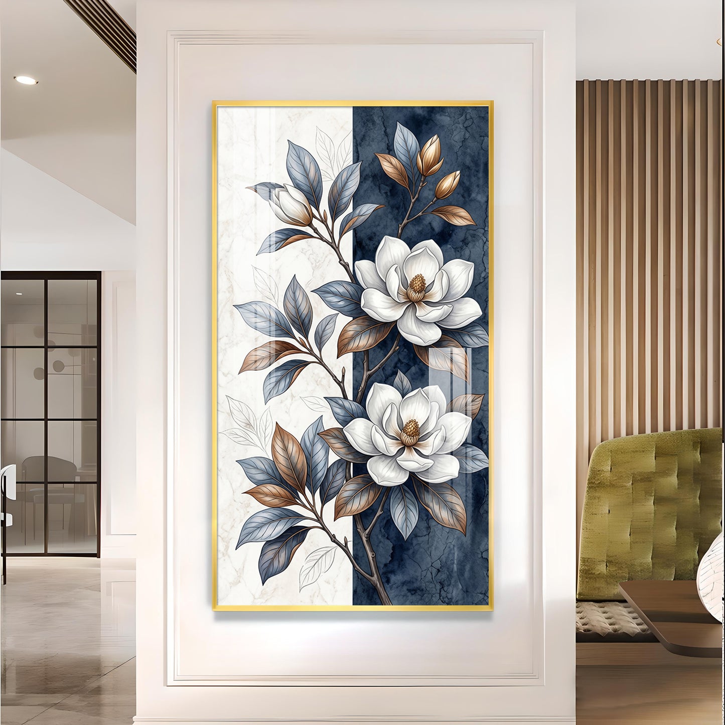 White & Blue Magnolias Flowers Glass Finish Vertical Wall Art
