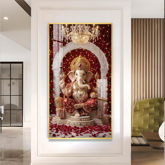 Divine Shree Ganesh Glass Finish Vertical Wall Art