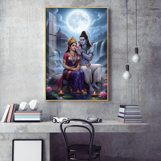 Depicting Lord Shiva & Goddess Parvati Glass Finish Vertical Wall Art