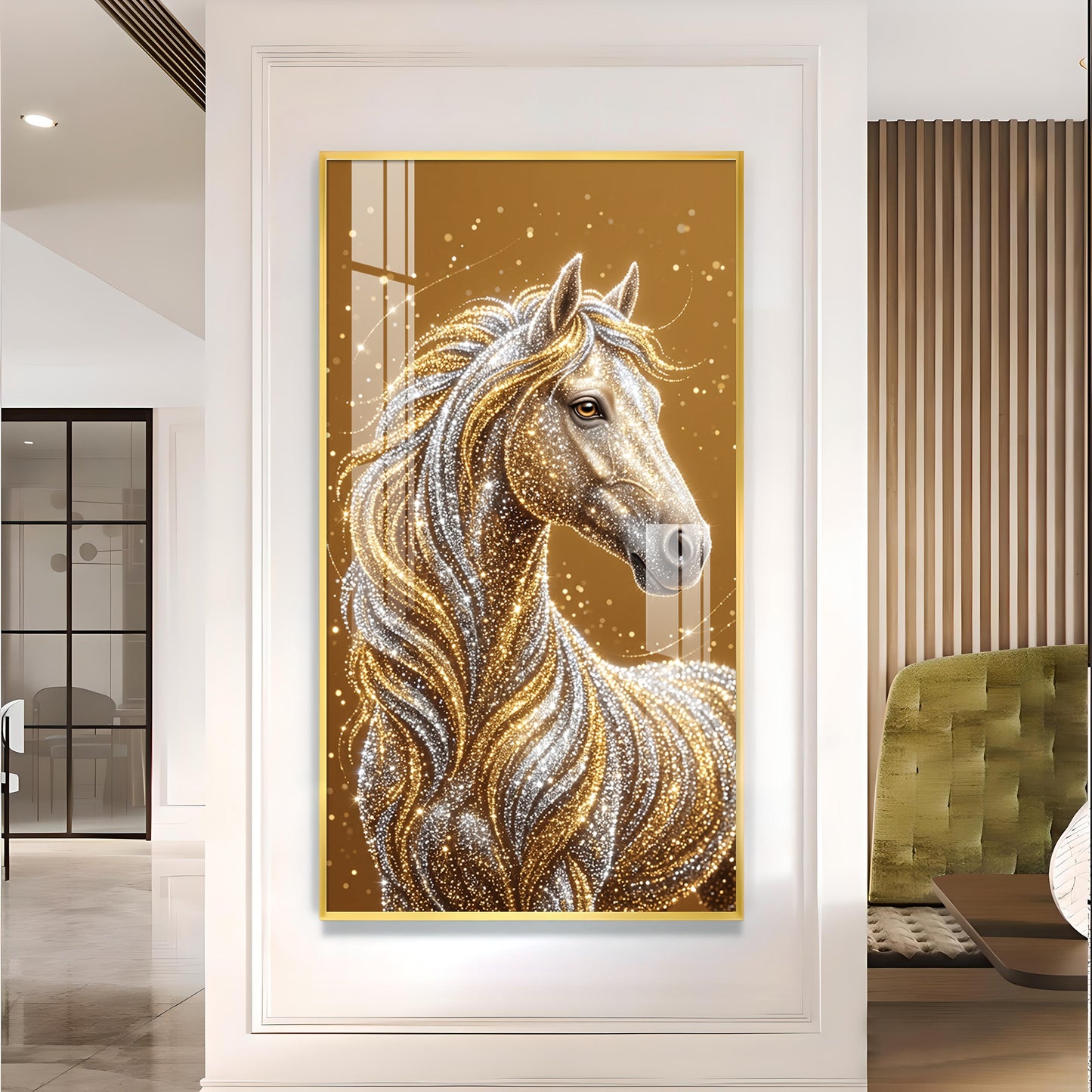 Horse In Gold & Silver Mane Glass Finish Vertical Wall Art