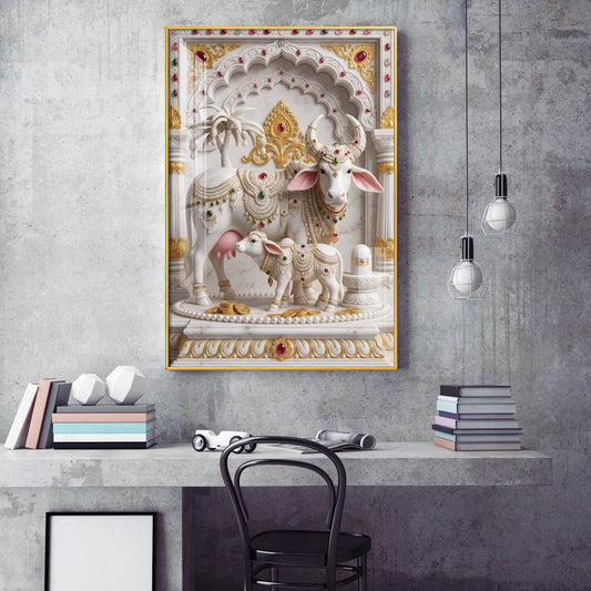 Kamdhenu Cow Calf Glass Finish Vertical Wall Art