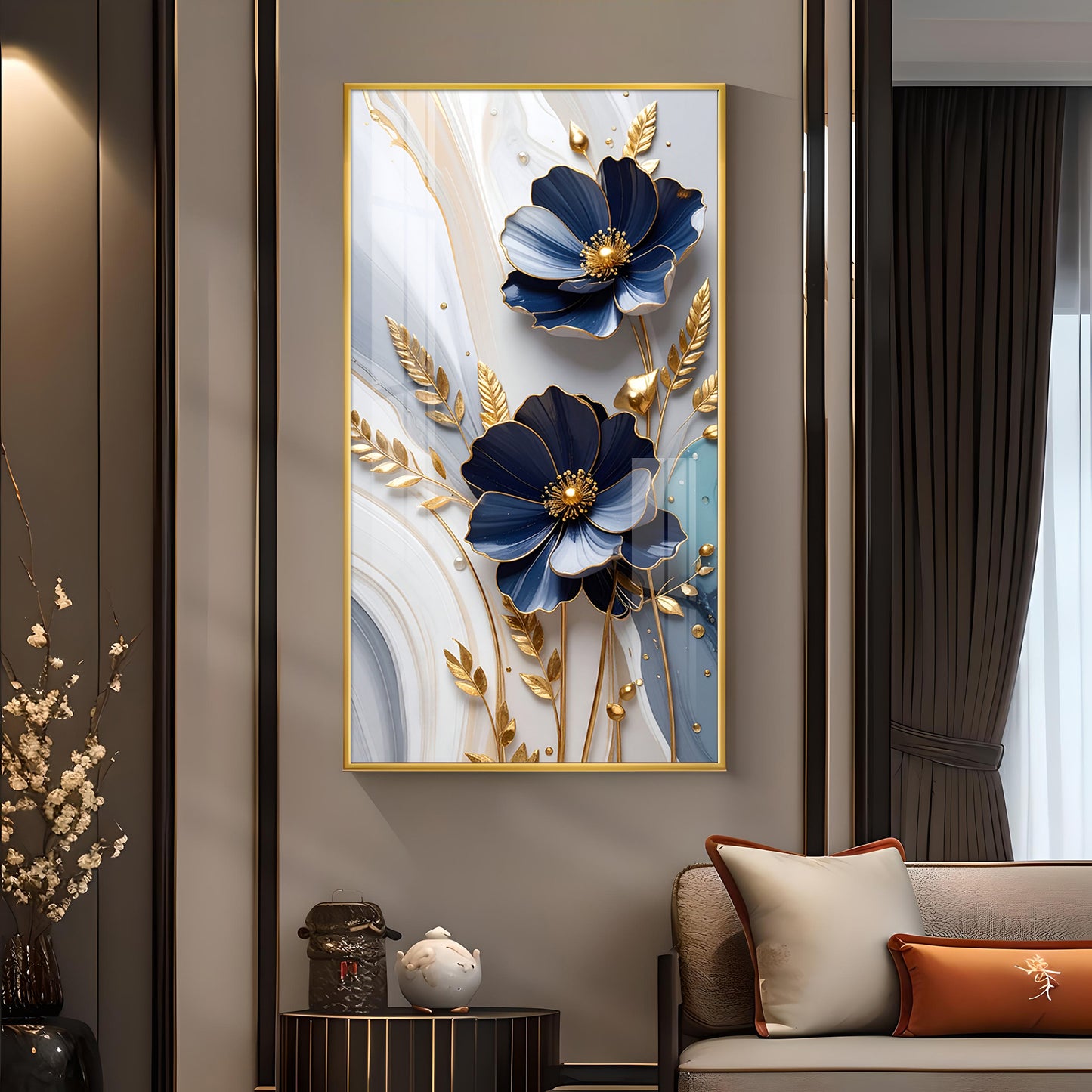 Blue Petal Luxe Flower Glass Finish Vertical Wall Art