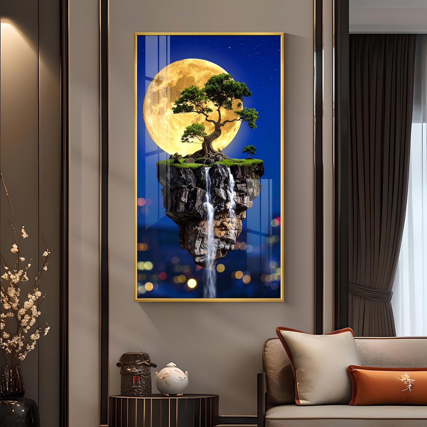Dreamy Waterfall Escape Glass Finish Vertical Wall Art