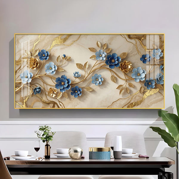 Elegant Blue Flower Glass Finish Horizontal Wall Art