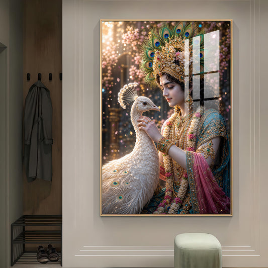 Shree Krishna With Peacock Glass Finish Vertical Wall Art