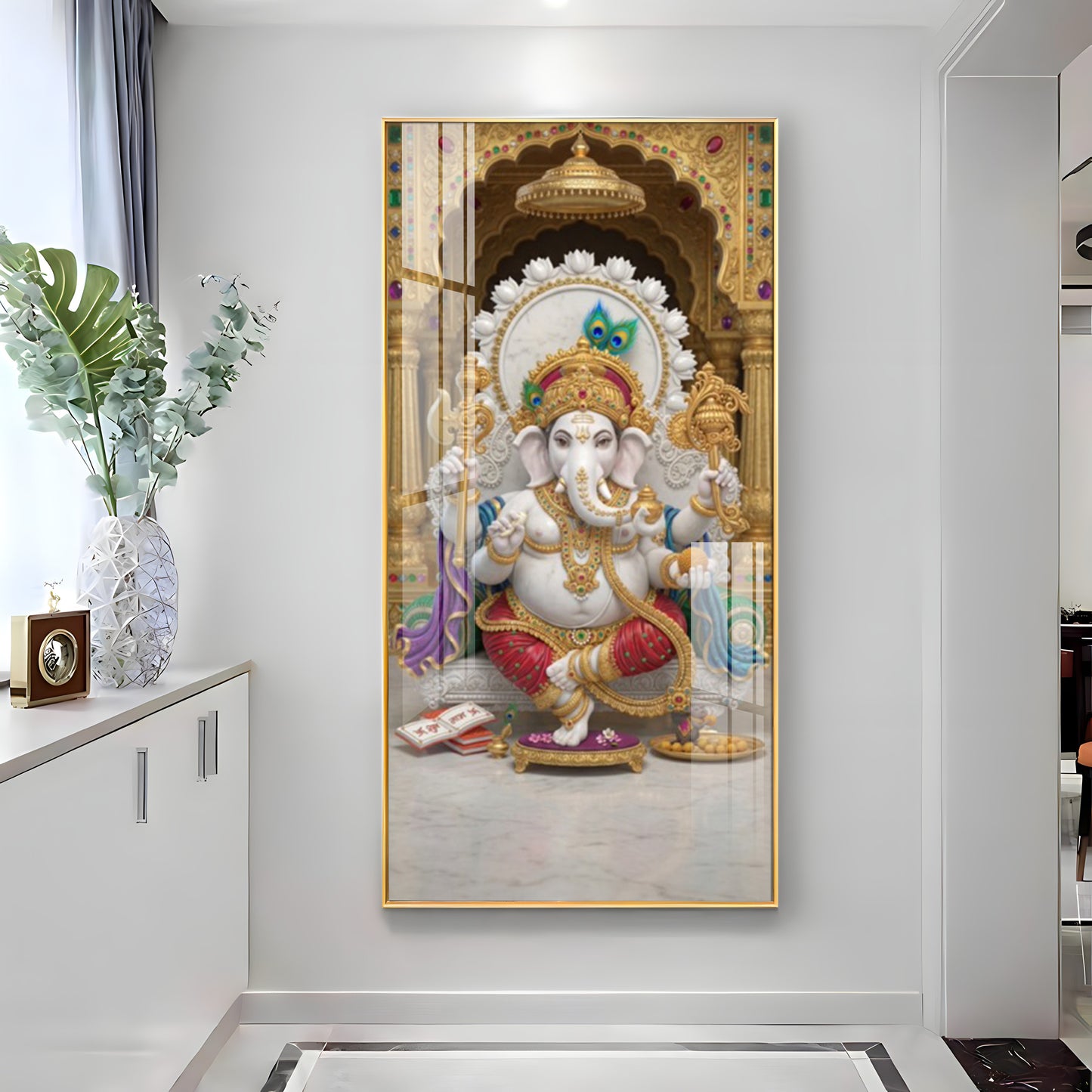 Elegant Lord Ganesh Ji Glass Finish Vertical Wall Art