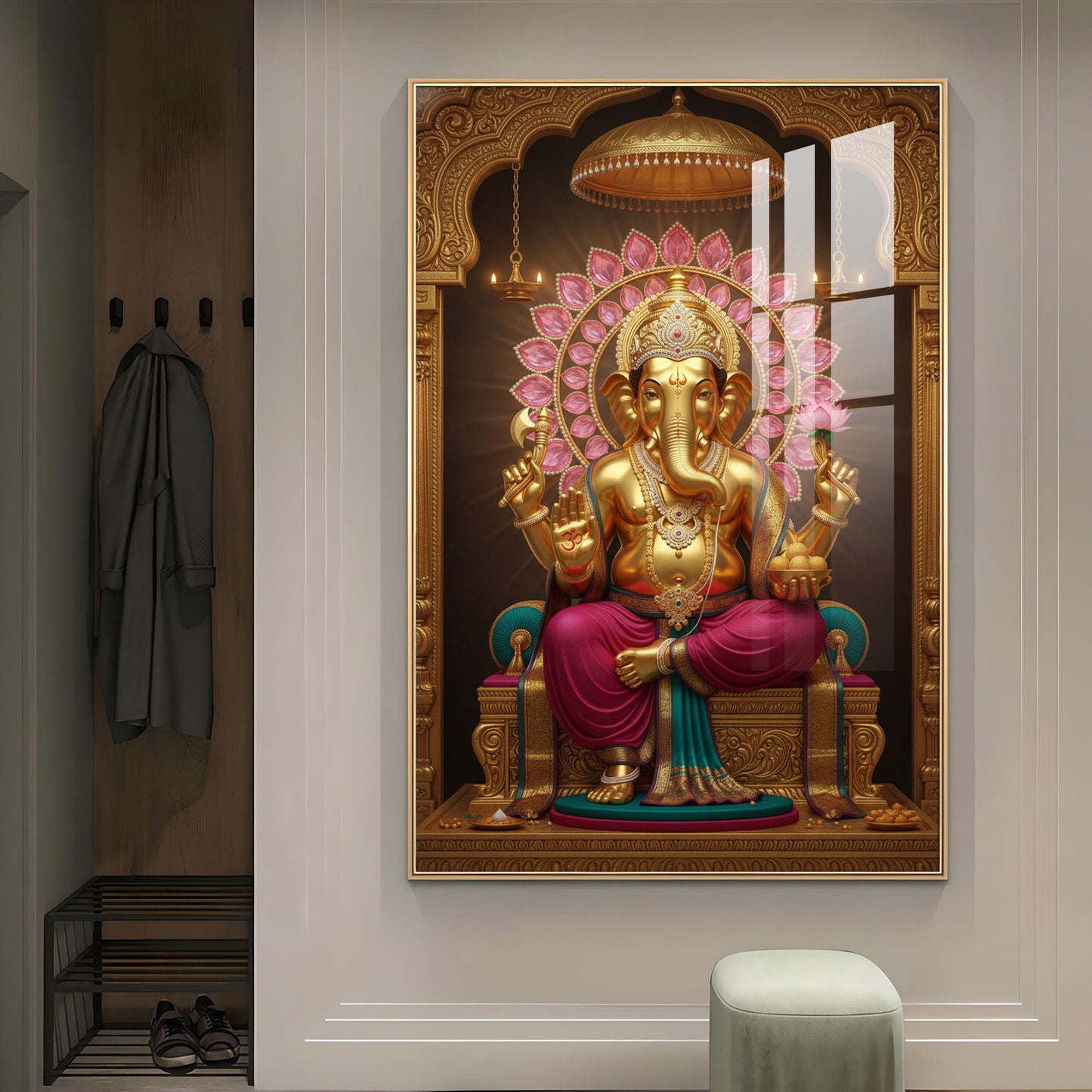 Lord Ganesha With Intricate Floral Glass Finish Vertical Wall Art