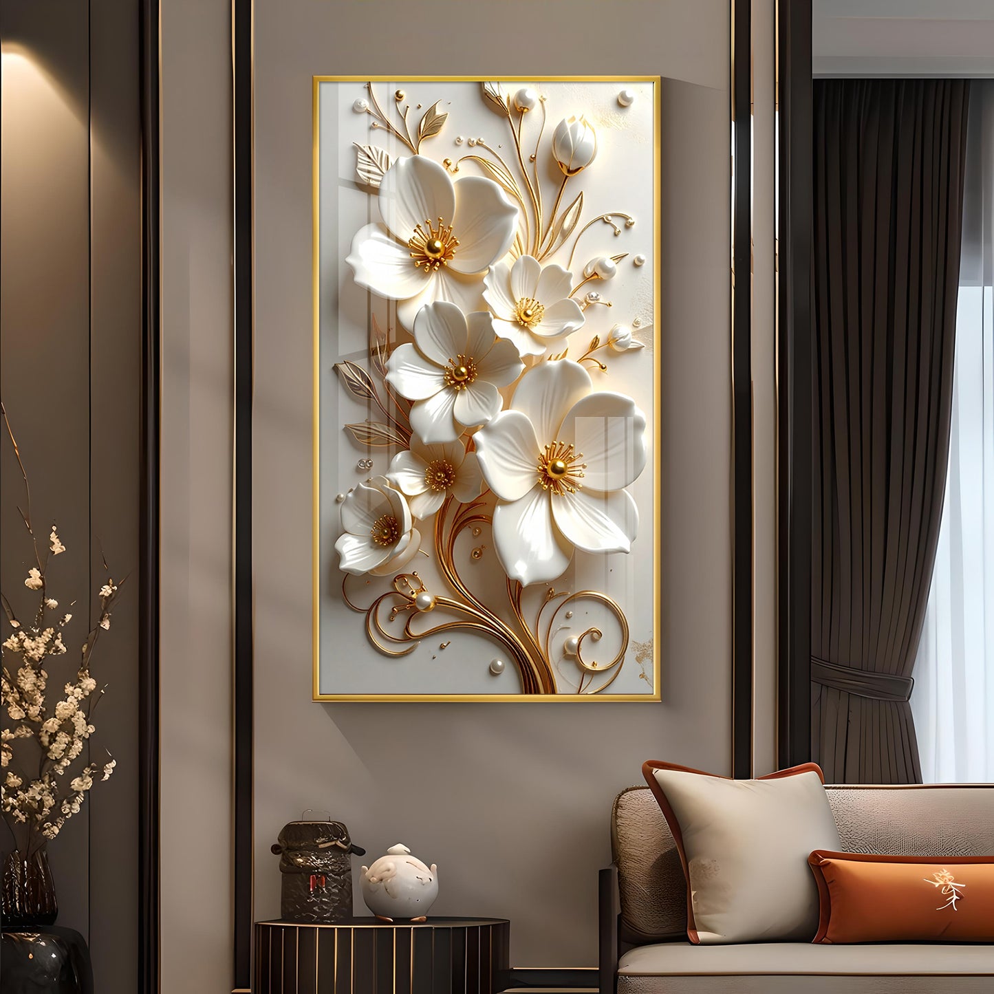 Pure Elegance Flora Glass Finish Vertical Wall Art
