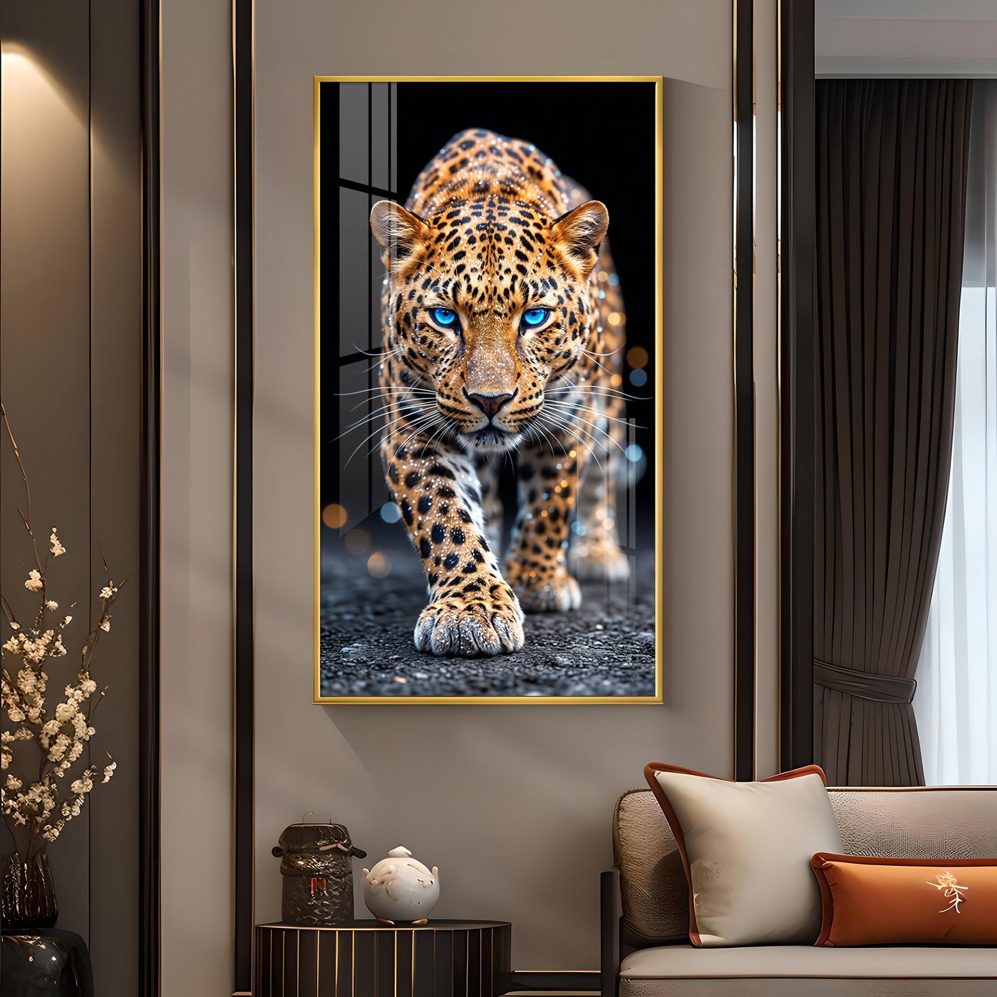 Wild Leopard With Blue Eyes Glass Finish Vertical Wall Art