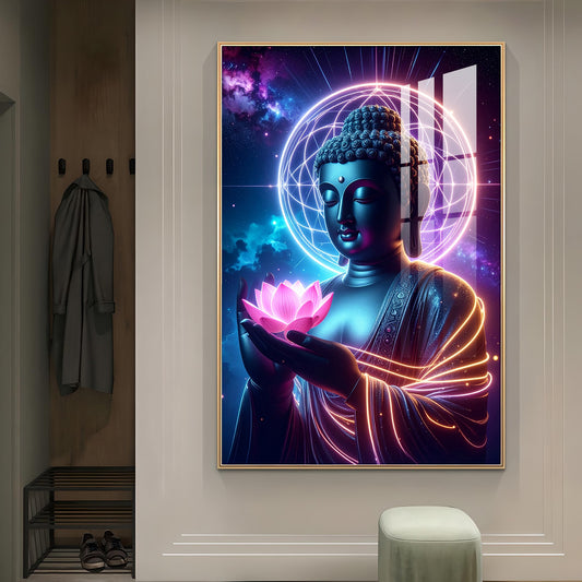 Divine Blessings Of Buddha Glass Finish Vertical Wall Art