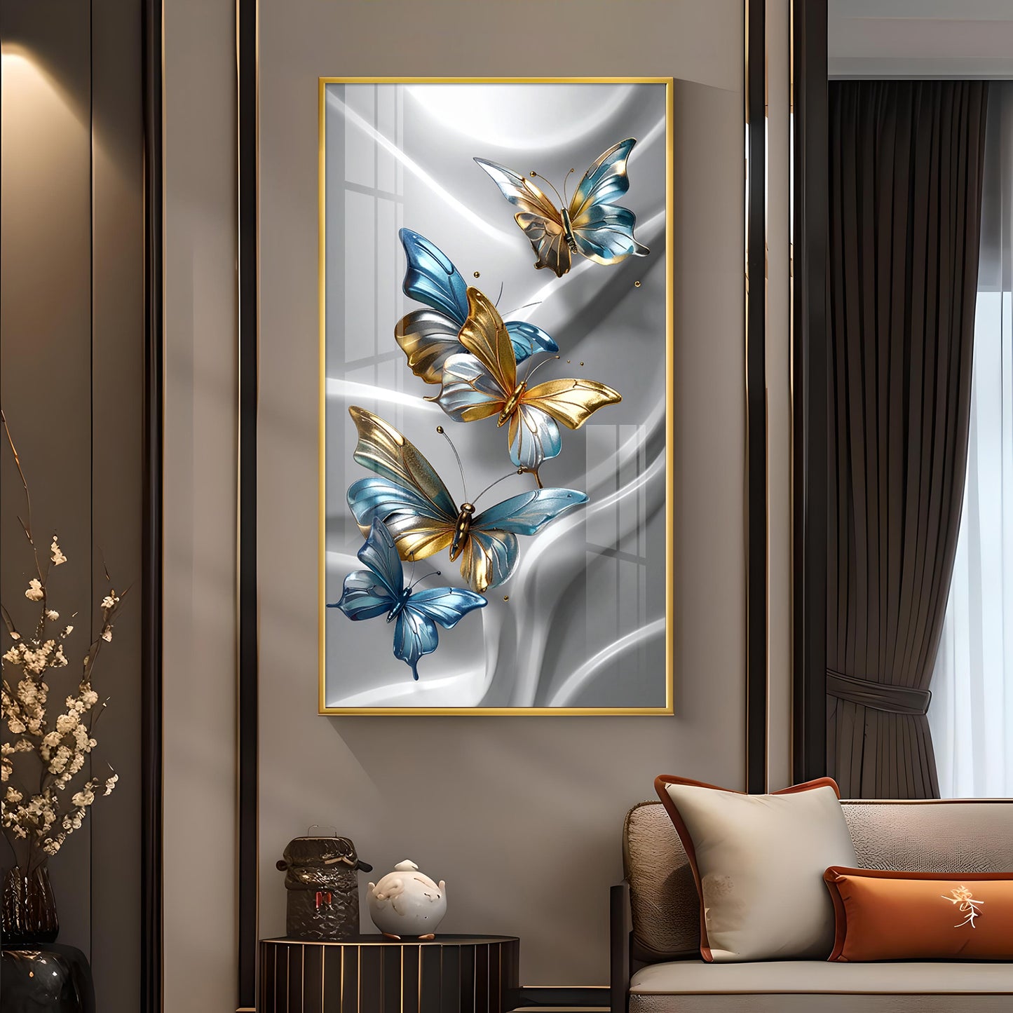 Golden Blue Flutter Glass Finish Vertical Wall Art