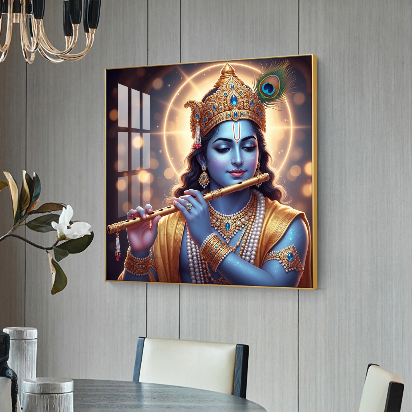 Spiritual Krishna With Flute Glass Finish Square Wall Art